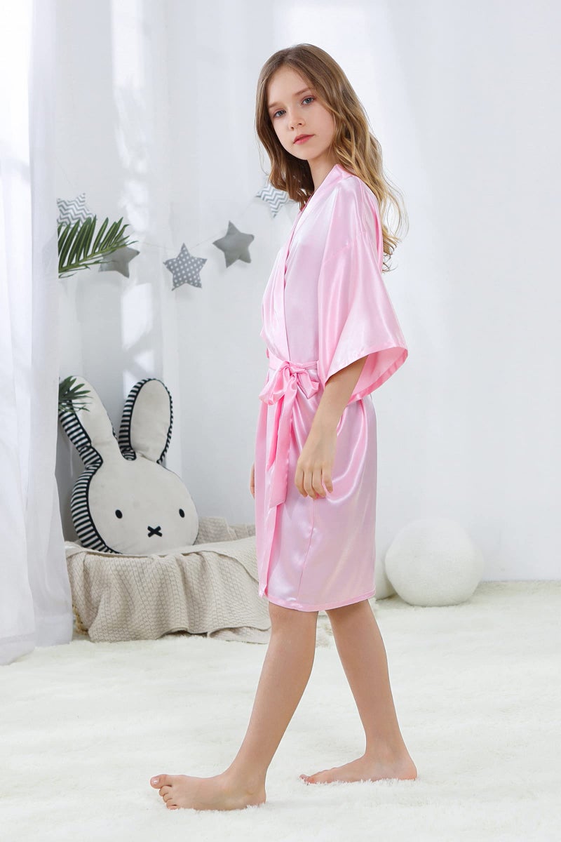 ALHAVONE Girl's Kid's Silky Satin Solid Color Short Kimono Robe for Wedding Birthday Party Spa (Pink, 8) - Image 3